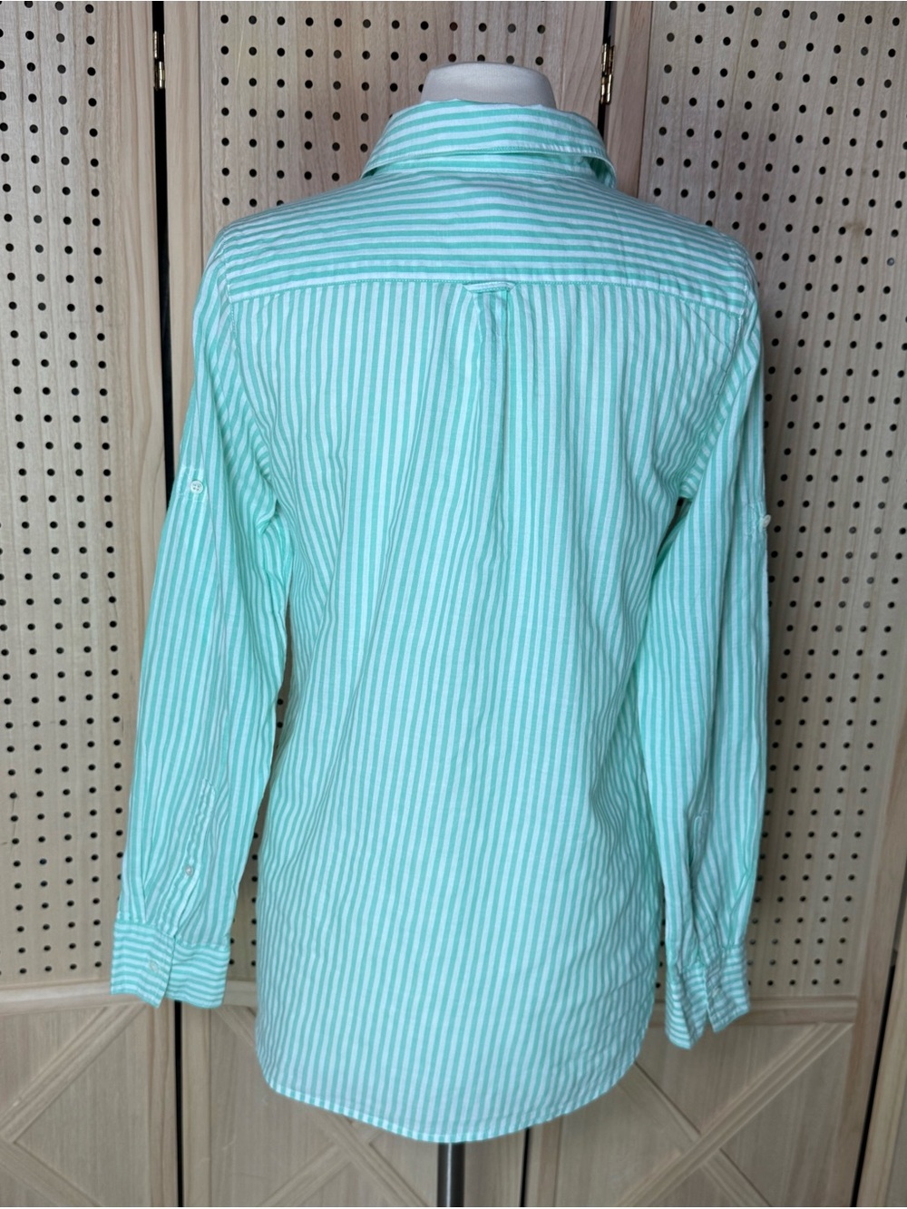 J.Crew Size 8 Mint Green White Stripe Cotton Button Down Shirt Coastal Summer - Picture 4 of 10
